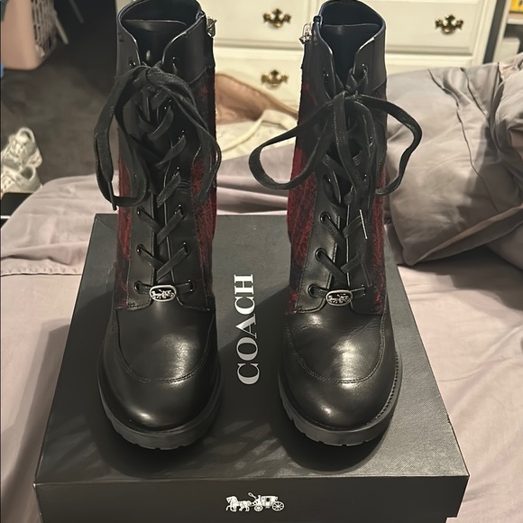 Coach Women's Black and Red Lace-Up Boots - Picture 1 of 10
